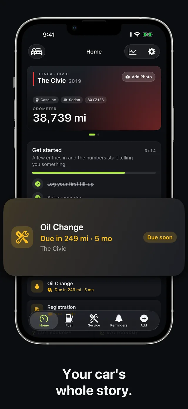 Carvico home screen showing a Honda Civic's odometer, get-started checklist, and upcoming Oil Change reminder