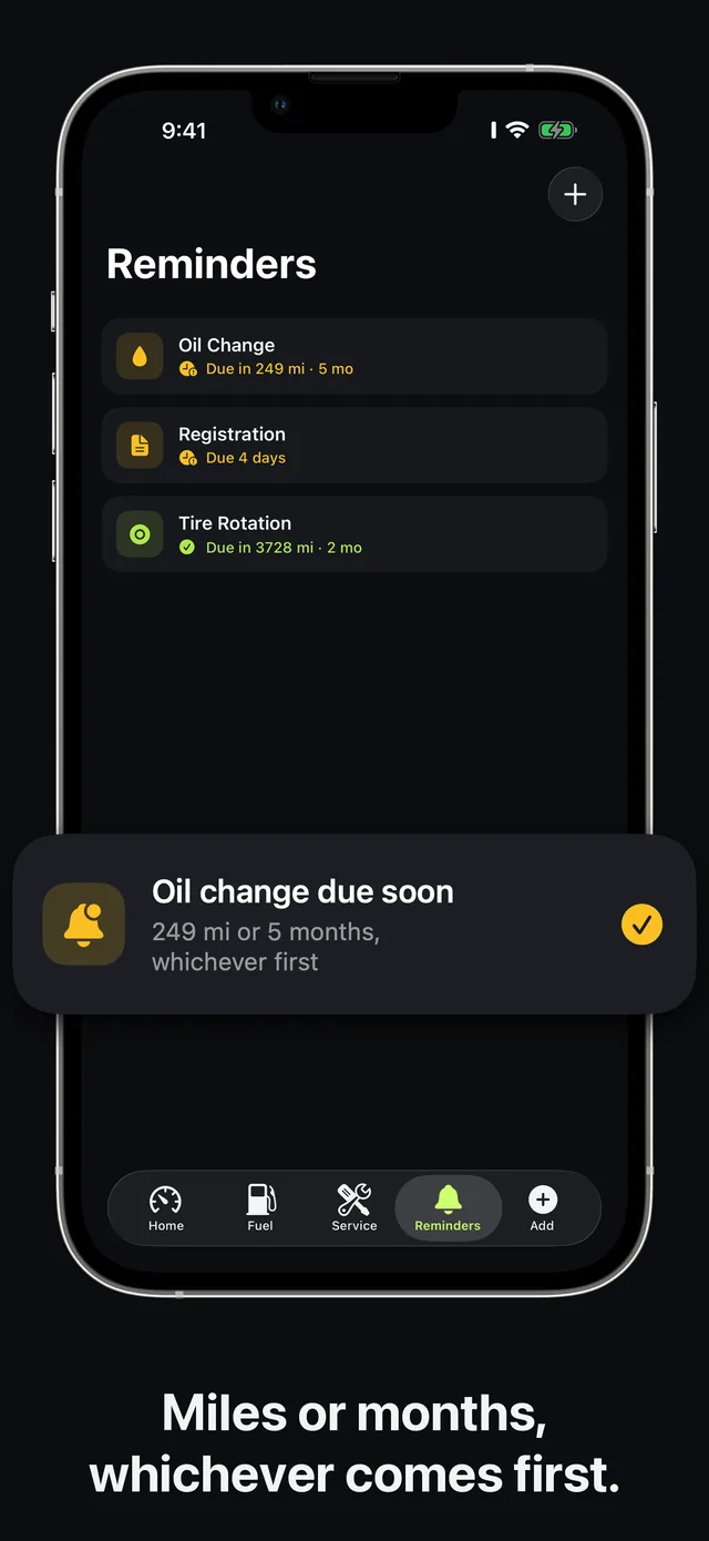 Carvico reminders screen showing oil change, registration, and tire rotation due dates