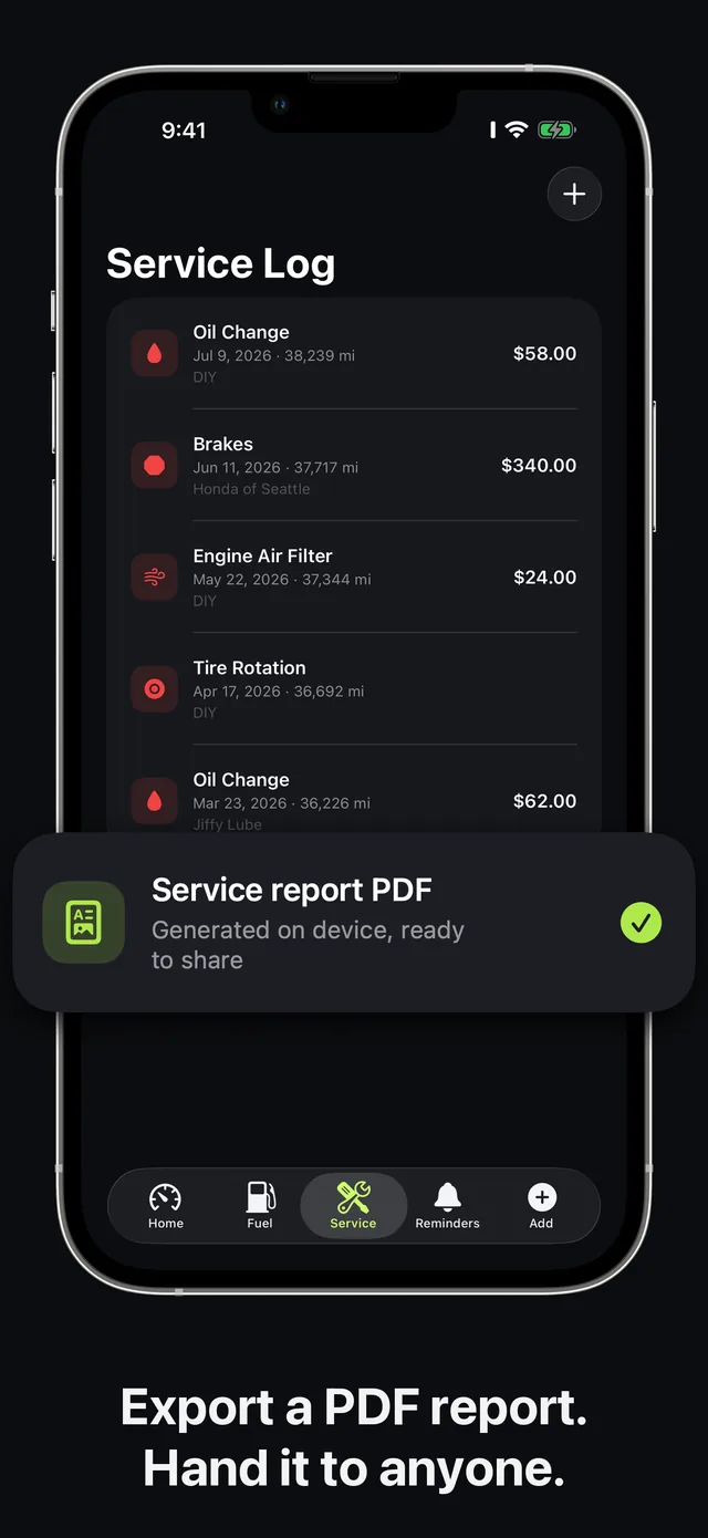 Carvico service log with oil change, brakes, and tire rotation entries and a PDF export