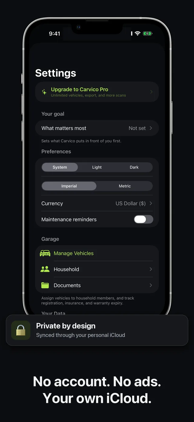 Carvico settings screen showing preferences, garage management, and iCloud sync